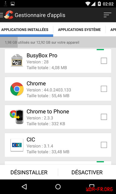 Applications installées dans Ccleaner sous Android.