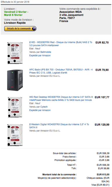 Commande Amazon de disques-durs et d'un onduleur pour la WDA.