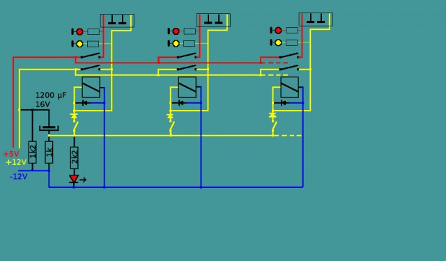 On branche les relais sur le -12V de l'alim' du PC, tout simplement ! Mais le condensateur, contrairement au schéma, aura une tension de service d'au moins 35V !