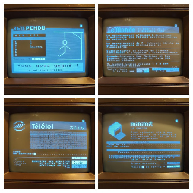 Photos d'écrans des échos : "Le Pendu", "Le Monde", "3615 Télétel" et la page de config MiniMit.