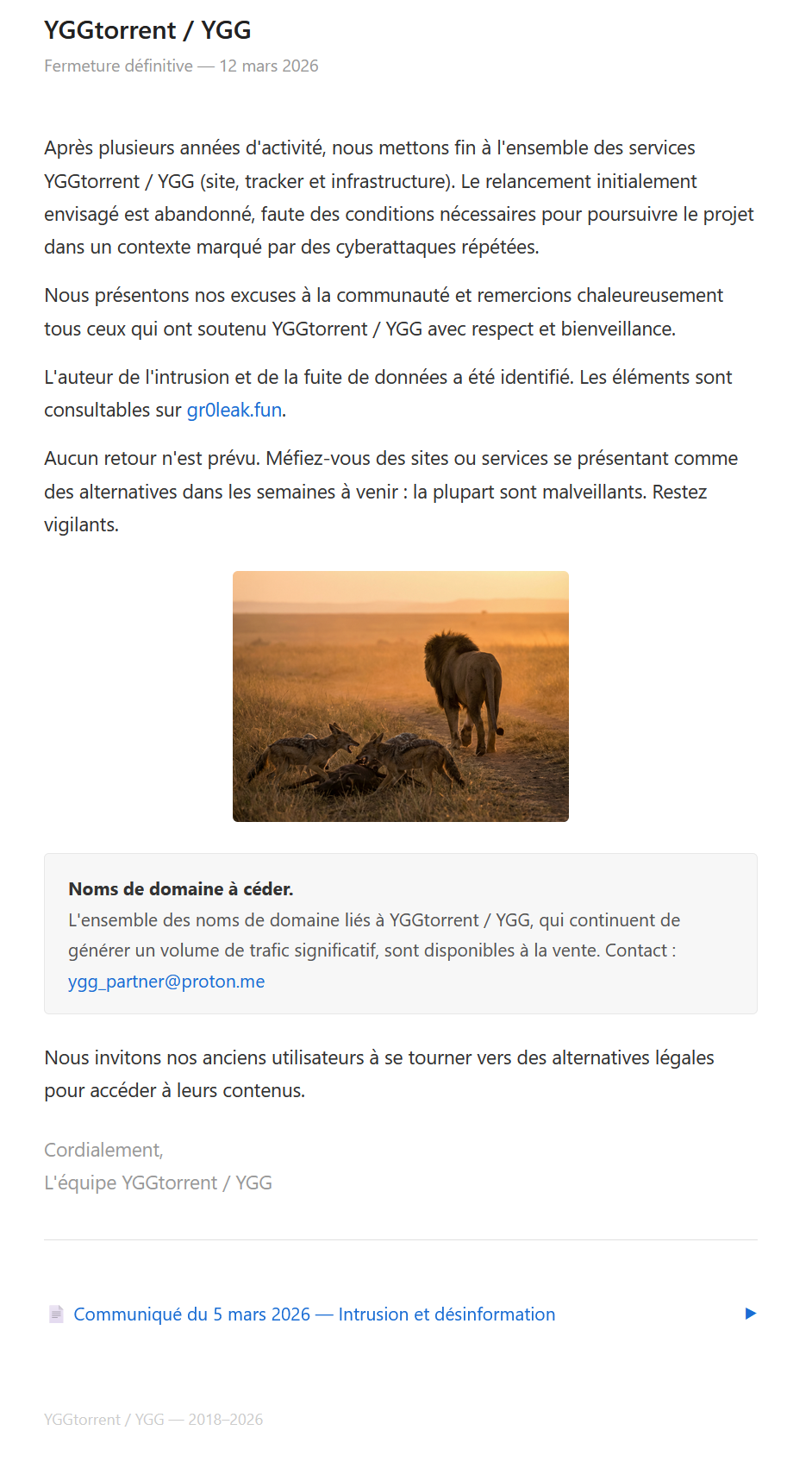 Fermeture définitive d'YGG.