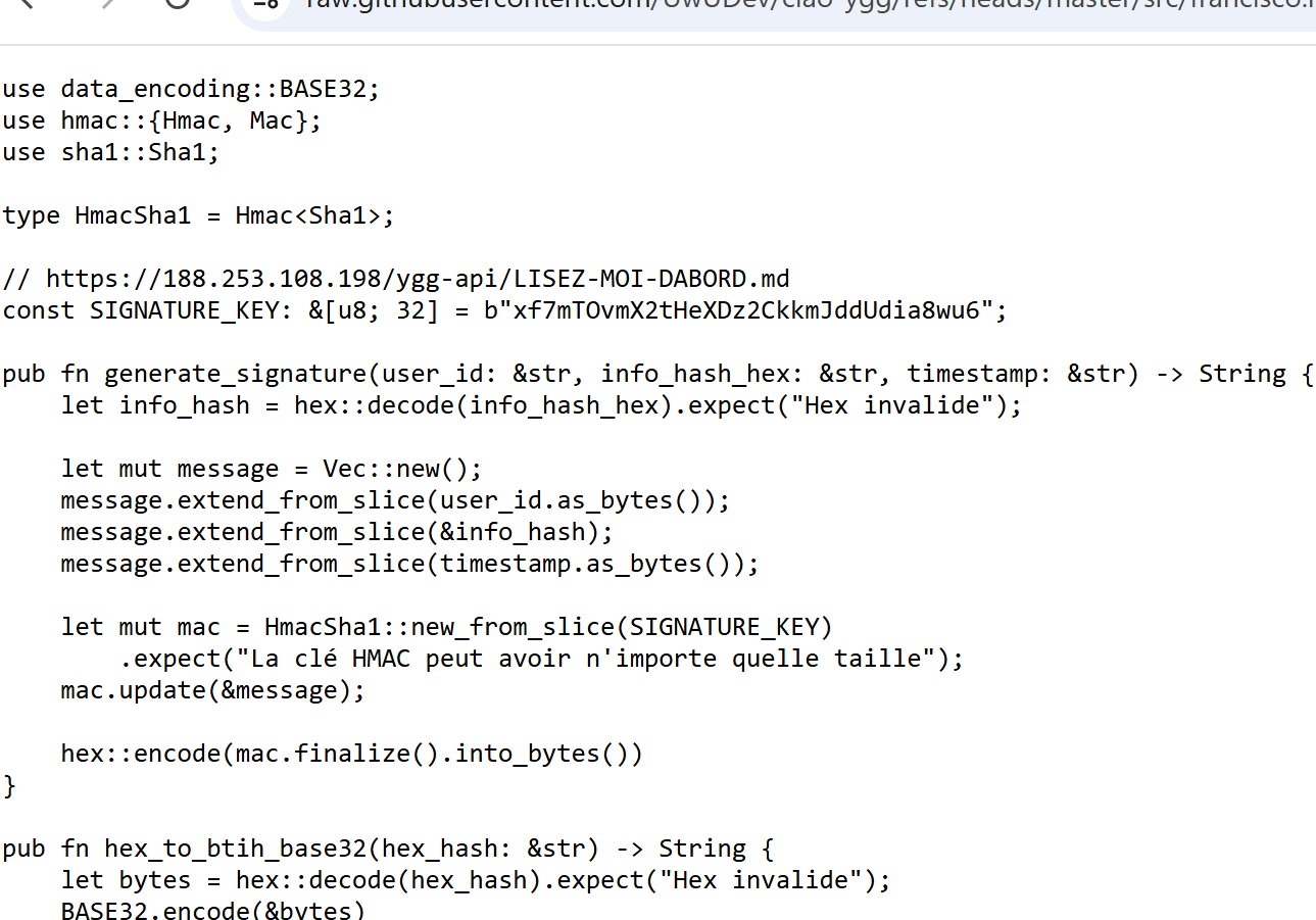 Code Rust du dépôt ciao-ygg : IP du serveur préprod et clé HMAC exfiltrée