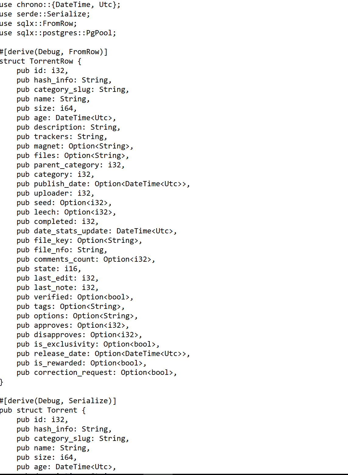 Le même dépôt contient également le schéma complet de la base de données des torrents, preuve supplémentaire d'un accès direct à l'infrastructure