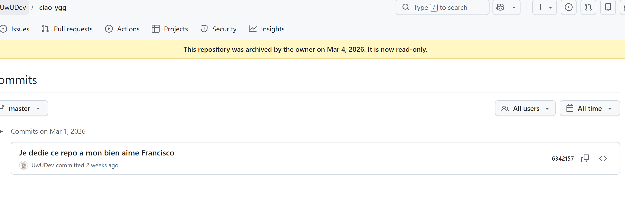 Commit du 1er mars par UwUDev. Dépôt archivé le 4 mars.