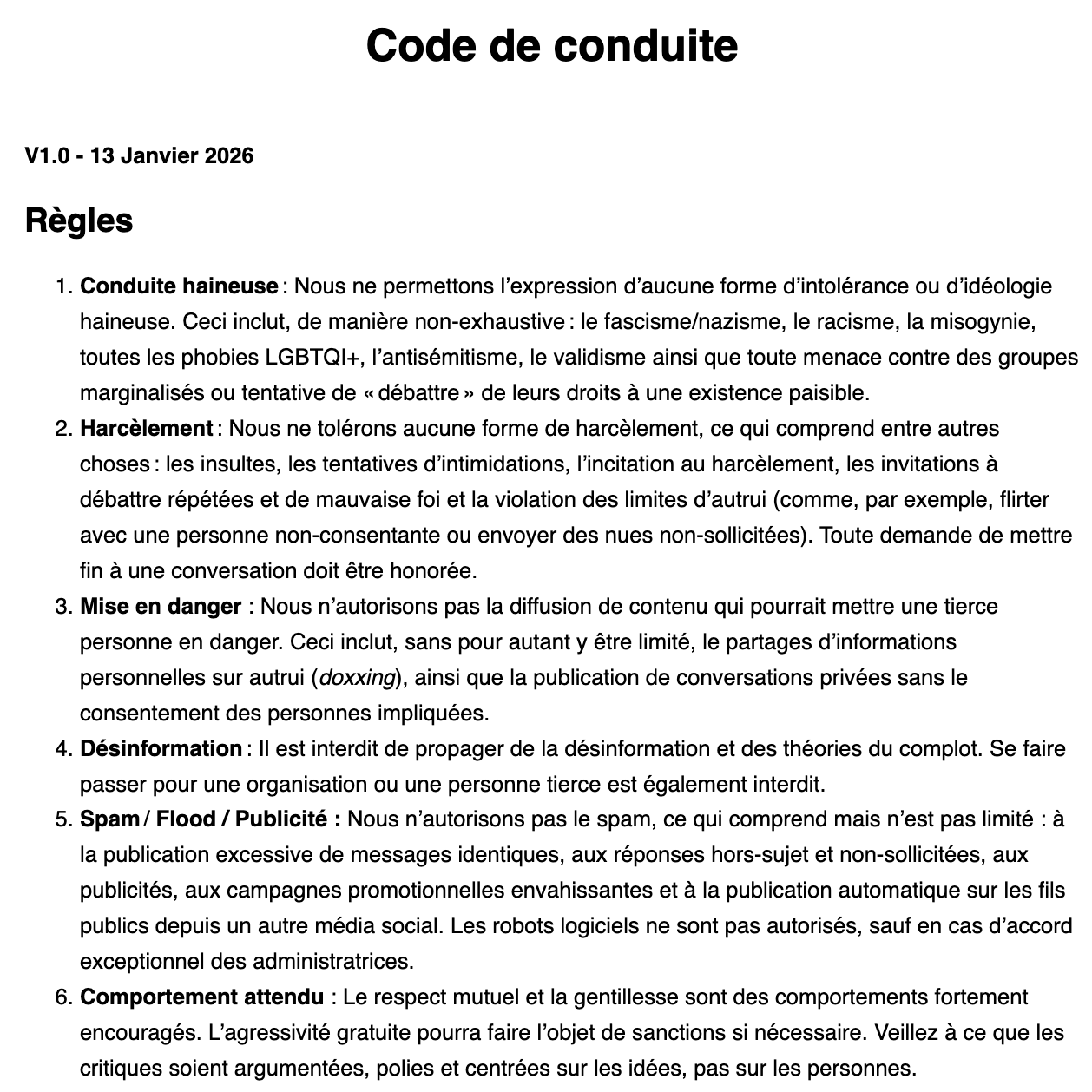 Extrait du règlement du tracker concurrent : un code de conduite à orientation idéologique assumée