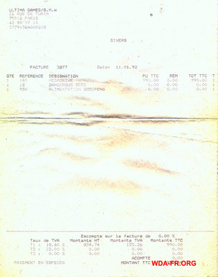 Facture de 1992 pour un package MegaDrive + 1 jeu
