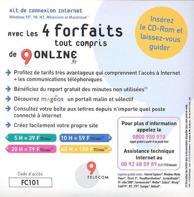 9Online_3_r.jpg (108.99 Kio) Vu 7088 fois Kit de connexion 9Online. Offre 4 forfaits et découverte du portail Magéos - 2001/2002 (?) (verso)